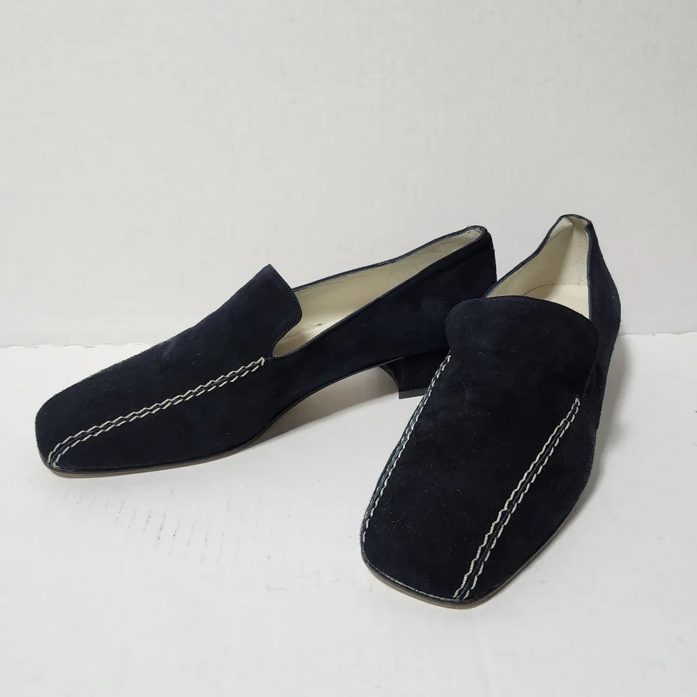 Vintage Laura Ashley Leather Blue Suede Loafers Heels Shoes 37 7 - Picture 3 of 8